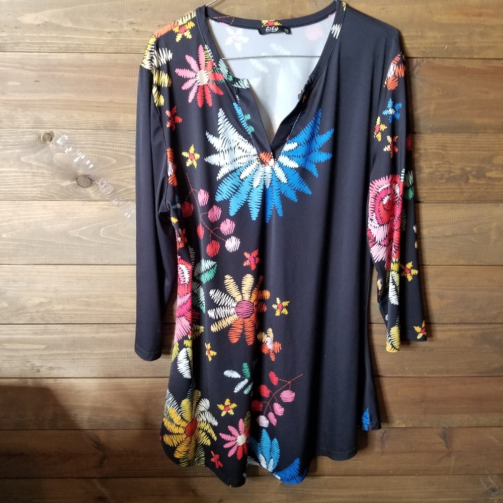 Lily By Firmainia Black Vibrant Floral Hippy Boho Tunic Dress Sz Lg